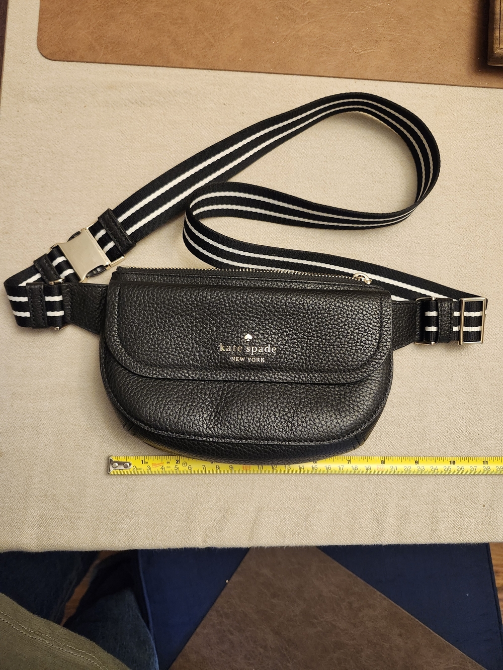 kate spade Black Pebbled Leather Crossbody Belt Bag with Striped Strap